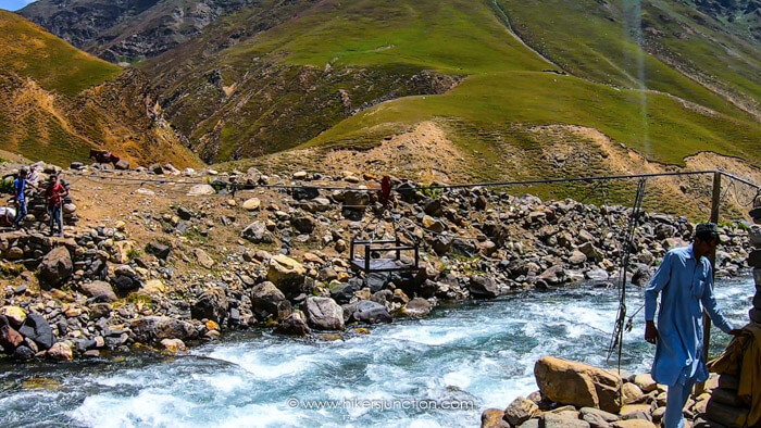 Crossing the Kunhar River to reach Dudipatsar trail head